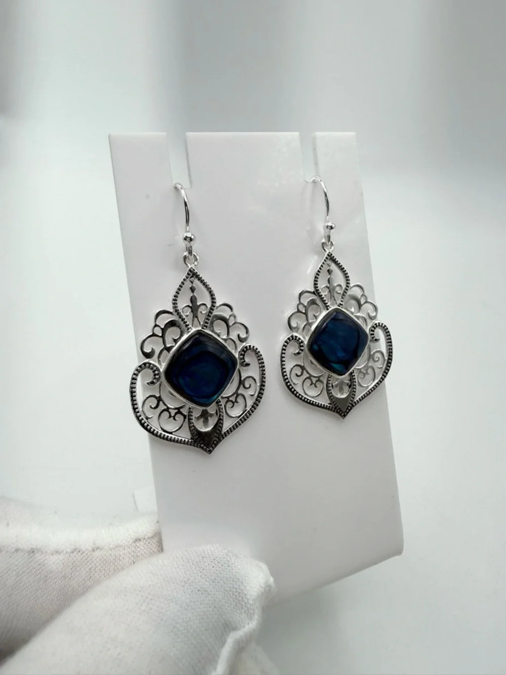 Blue Abalone Shell Filigree Design .925 Sterling Silver Earrings - Picture 3 of 11